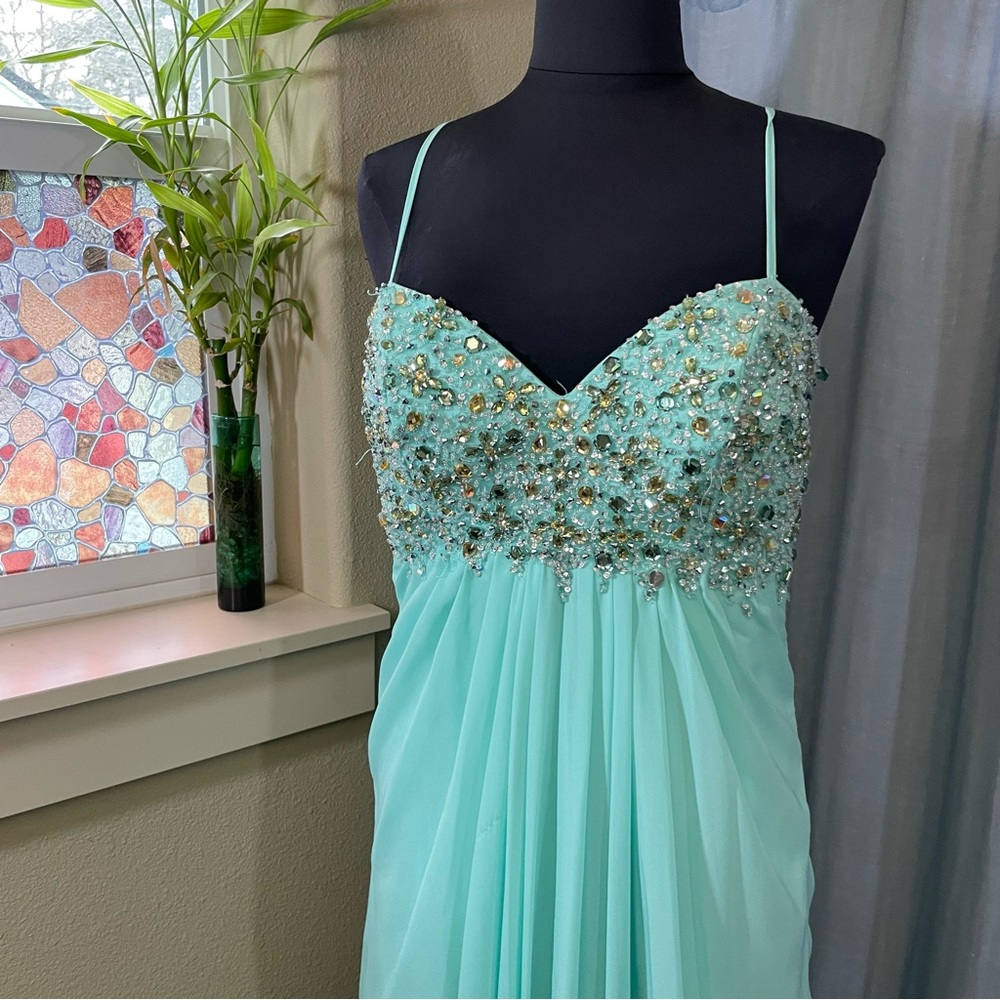 Teal Dave & Johnny prom dress gown with rhinestone top